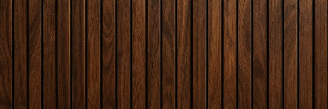 Dark walnut wood slat wall texture, vertical timber paneling background for interior design, elegant brown wooden lath surface, architectural wood cladding backdrop for luxury decor