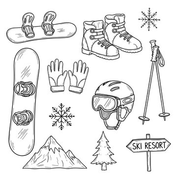 Comprehensive Collection Of Ski Equipment Outlines Sheet