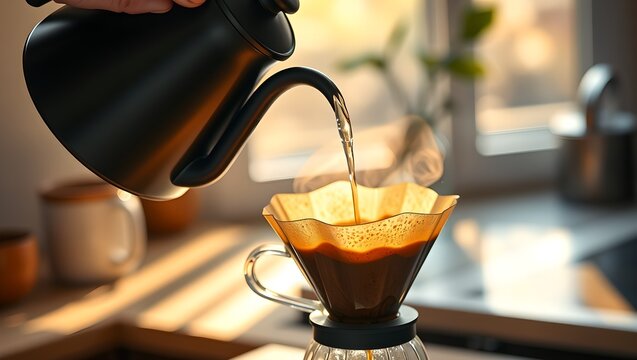 Close up of hands pouring hot water from kettle for pour over drip coffee brewing in morning sunlight