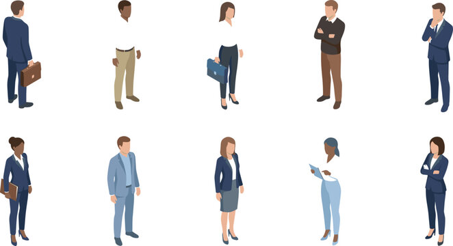 Flat 3D isometric corporate team vector bundle with diverse office employees, managers, and executives for web and presentation (19 words)