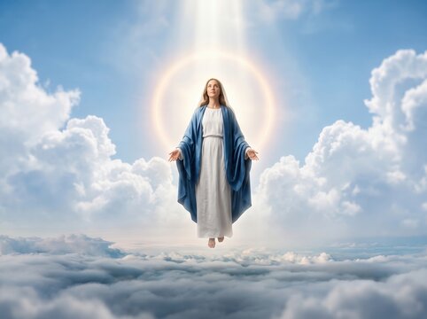Virgin mary floating in the sky wearing a white dress and blue cloak surrounded by a glowing golden halo with bright light rays descending through white fluffy clouds in a blue atmosphere