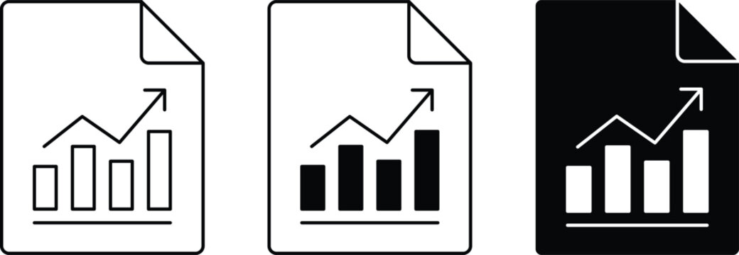Business financial report document icon set with bar chart, outline, glyph and solid vector collection for web, app, ui and graphic design