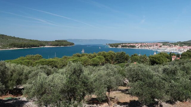 Cres town overlooking the Kvarner Gulf on Croatia's Cres Island. Featuring a vibrant harbor with numerous boats and historic Venetian-style buildings under a clear summer sky of Cres Island in Croatia