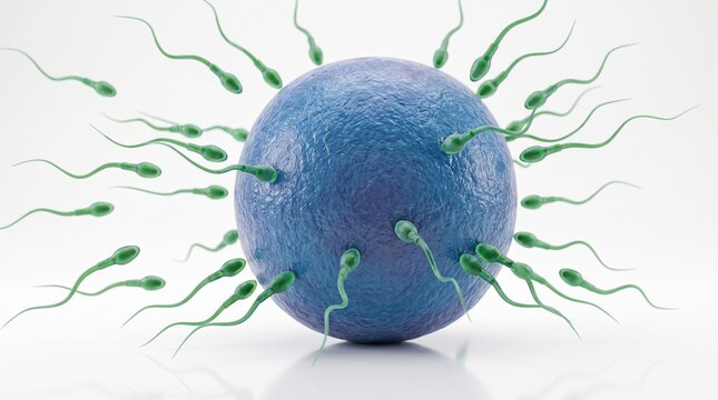 Many tiny sperm cells swimming towards a large blue egg cell for fertilization