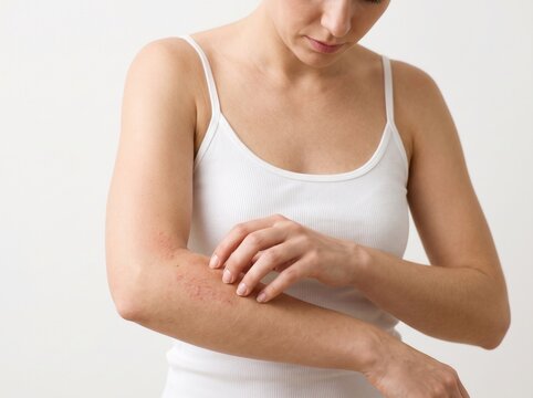 Woman in white tank scratching red irritated skin on her inner forearm against a plain white background showing signs of dermatitis or an allergic reaction on her arm