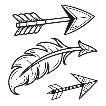 Collection of decorative tribal arrows with feather elements, hand drawn