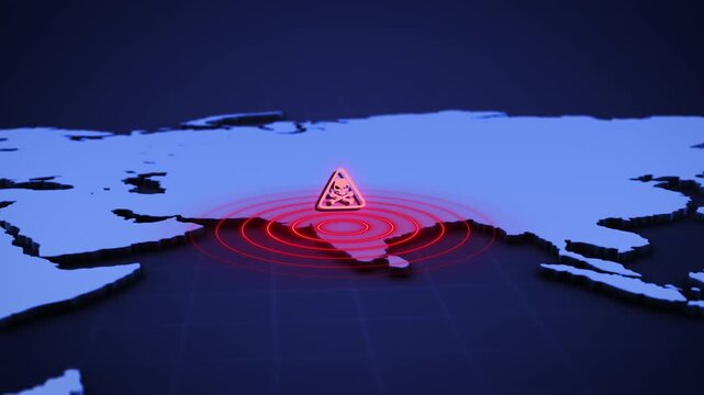 Zoom into a world map with danger signs popping up over countries