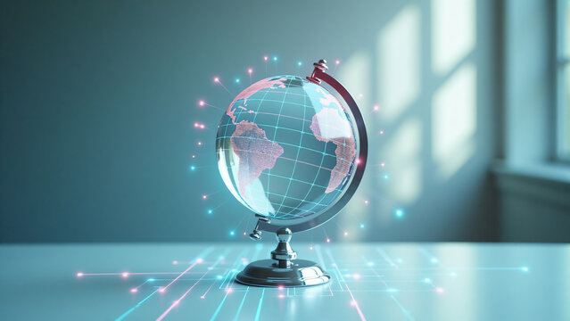 Modern glass globe with vibrant digital network lines on sleek metal stand in minimalist studio