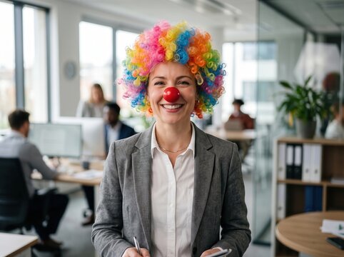 Woman wearing a vibrant multicolored curly clown wig and a red foam nose while dressed in a grey blazer and white shirt standing in a bright office environment with blurred coworkers in background