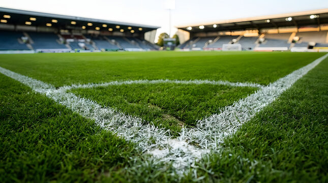 Vibrant green soccer field with white corner markings under natural light