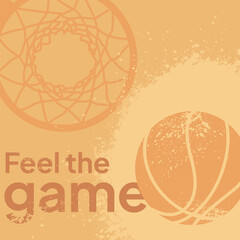 A vector basketball poster in grunge style. A silhouette of a ball and hoop with a motivational inscription on a textured orange background. Design for a sports print. © Александр Филяшин