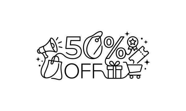 Independence Day (India) 2026 one line art editable design 50 percent off sale promotion illustration with shopping cart and gift box isolated on transparent background, Vector