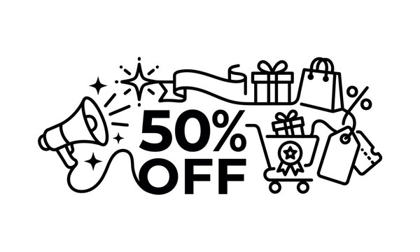 Independence Day (India) 2026 one line art editable design Black and white sale promotion banner with fifty percent off text and shopping icons isolated on transparent background, Vector