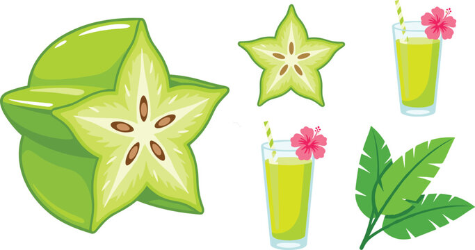 Fresh green starfruit carambola vector element set with half slice showing seeds, tropical banana leaves, and cocktail juice glasses with hibiscus flowers isolated on white.