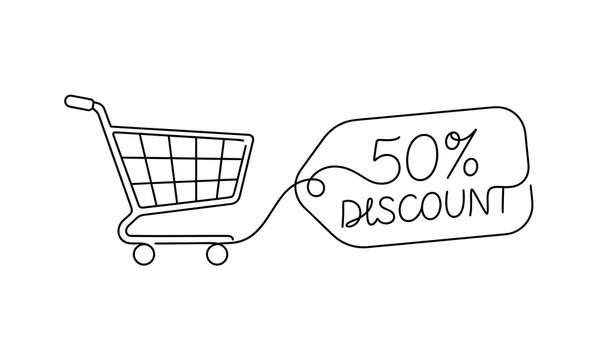 Independence Day (India) 2026 one line art editable design Shopping cart with fifty percent discount price tag illustration isolated on transparent background, Vector