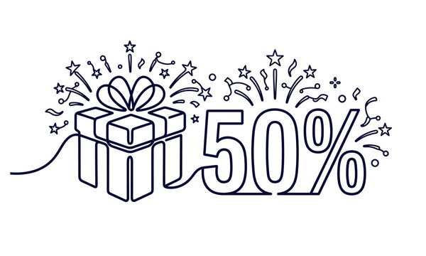 Independence Day (India) 2026 one line art editable design Fifty percent discount gift box with celebration fireworks illustration isolated on transparent background, Vector
