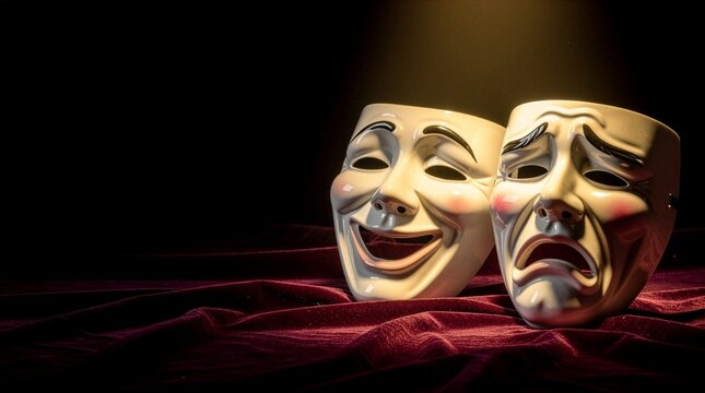 Two classic theater masks representing comedy and tragedy rest on a wrinkled red velvet cloth under a warm overhead spotlight, creating a dramatic contrast against a dark black background