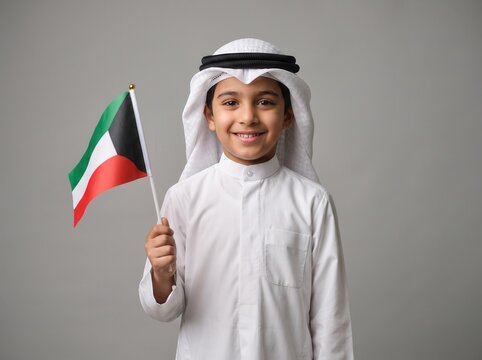 Young boy wearing traditional white thobe and ghutra holding a small kuwait flag in his hand against a plain grey background