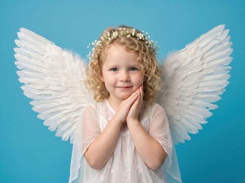 Young curly blonde girl dressed as an angel with white feathered wings and a small white flower crown posing against a solid blue background with hands held together near her face