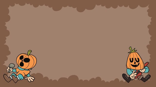 Halloween animated background frame with cute pumpkin characters playing music, retro vintage cartoon video footage loop