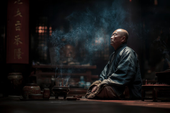 Monk meditating in temple, smoke rising from incense