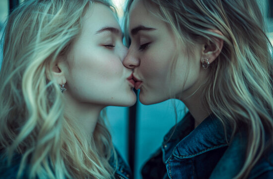 Young blonde women sharing a tender romantic kiss
