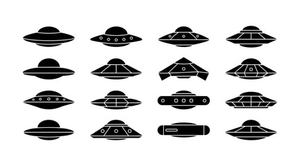 UFO icons set, flying saucer silhouettes © Stock Master 