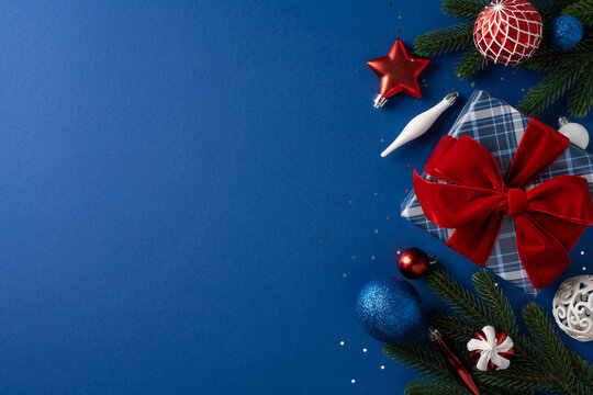 Merry Christmas and Happy New Year gift with red bow and blue ornament on festive background