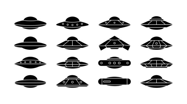 UFO icons set, flying saucer silhouettes