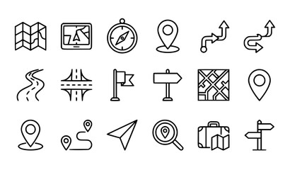 Fototapeta premium Road map GPS navigation route planning and travel editable outline vector icon collection