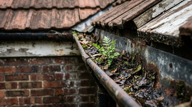 Green plant growing in a clogged roof gutter. Weeds sprouting in dirty house drainage system.