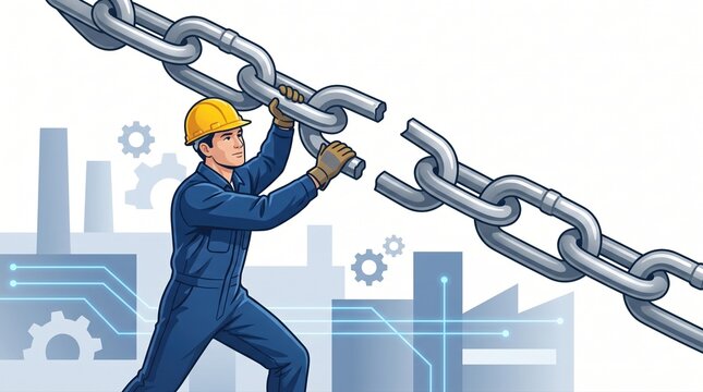 Severed supply chain link reconnected by worker in industrial concept