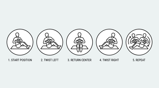 Russian Twist Abdominal Exercise Steps Instruction Set