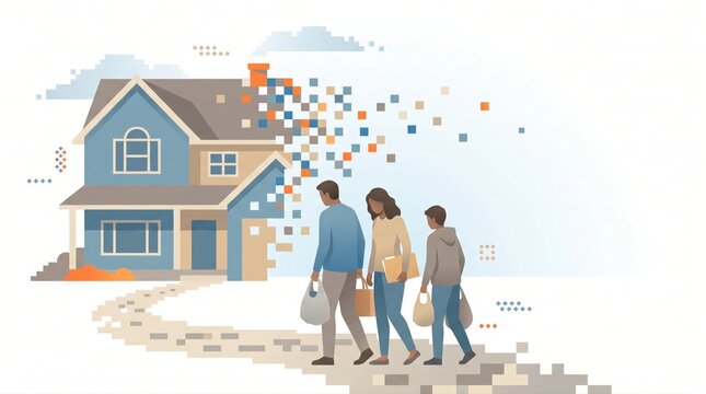 Family leaving dissolving house in pixel retreat relocation concept
