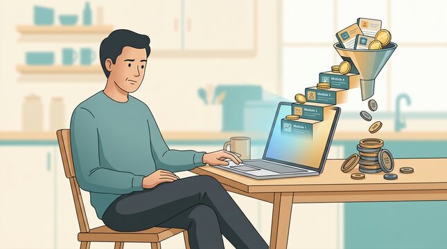 Online course funnel pulling applicants toward hidden fee upsell concept