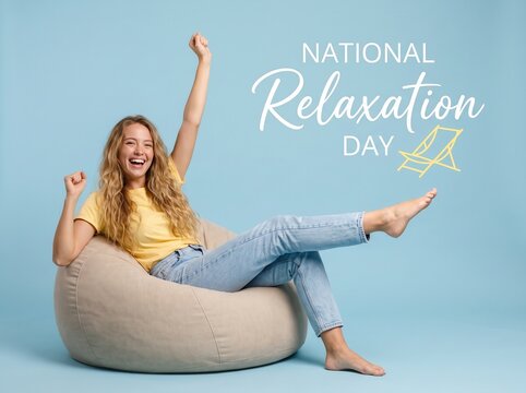 Young woman with long blonde hair wearing a yellow t shirt and blue jeans sitting on a beige beanbag chair with one arm raised in celebration against a light blue background with white text