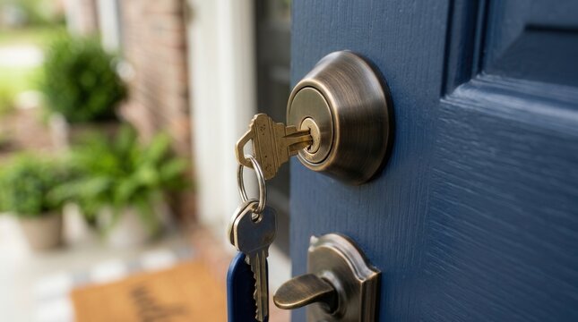 House key in door lock. Unlocking home entrance.