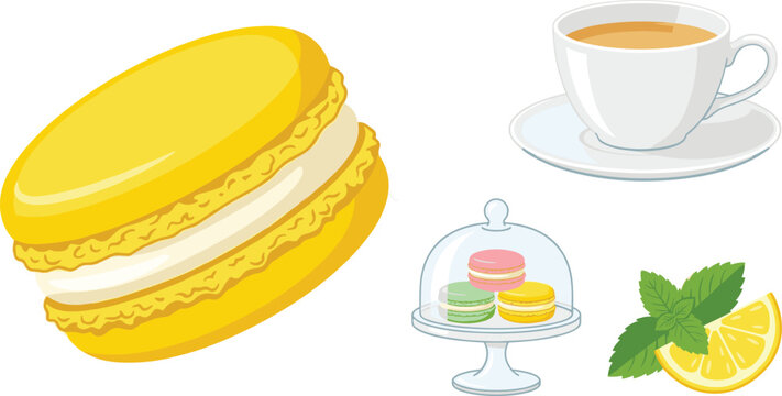 Yellow lemon macaron vector illustration with cup of hot tea glass cake stand dessert display mint leaf and fresh citrus slice on white background