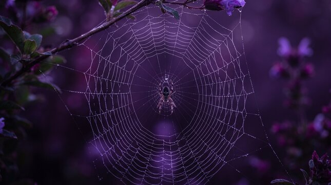 A spider resting in the center of a dewcovered orb web
