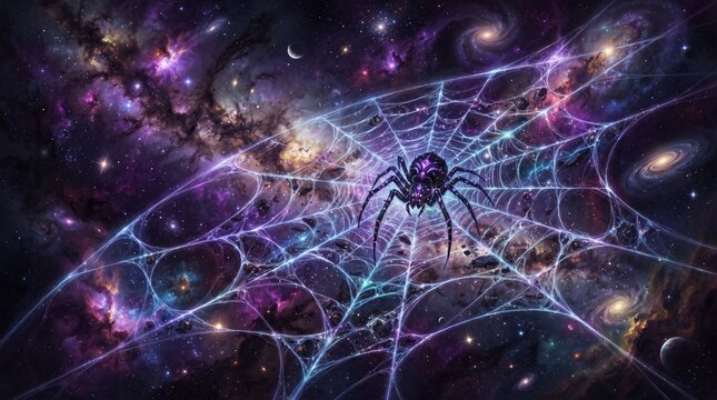 Cosmic spider on glowing web in deep space galaxy illustration