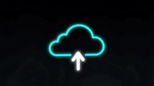 Cloud upload neon icon glowing with a cyan outline and white upward arrow on a black background, representing digital data storage and internet server backup.