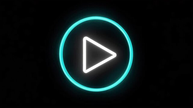 Play button neon icon featuring a glowing white triangle and cyan circle outline against a black background, symbolizing multimedia, video streaming, and digital content.