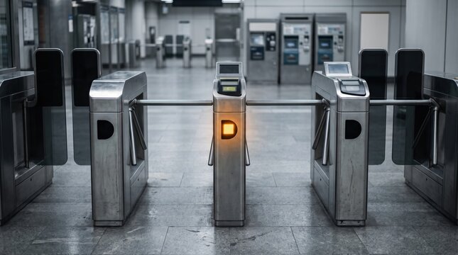 Automated transit e-gate shut with amber warning light on locked barrier