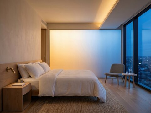 Circadian light wall in minimal hotel room for restorative hospitality concept