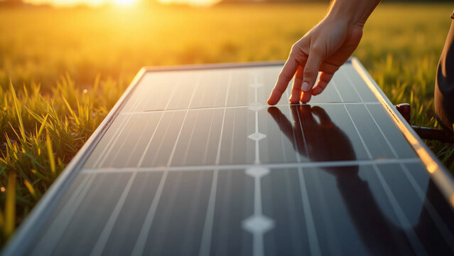 A hand reaches out to touch a solar panel at sunset on a grassy field with warm lighting and long shadows