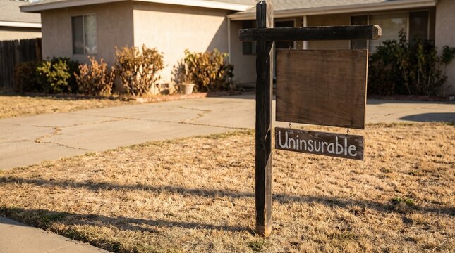 Uninsurable yard sign on dry lawn outside suburban home listing