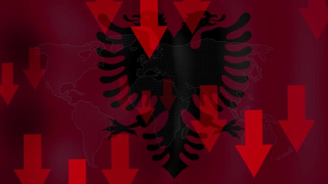 Albania Economic Decline: The Albanian flag with its double-headed eagle emblem is overlaid with a faint world map and numerous red downward arrows, symbolizing an economic crisis or recession.