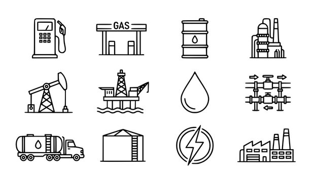 Oil and gas industry fuel refinery petroleum and energy outline web icon set