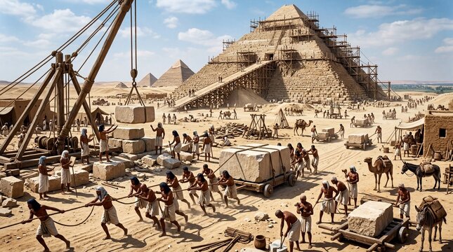 A bustling scene depicting the construction of the Great Pyramid of Giza
