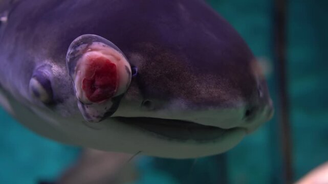 Injured shark observed. Aquarium shark displaying noticeable eye tumor in tank. Detailed view of sick shark exhibiting swelling near its eye in controlled environment